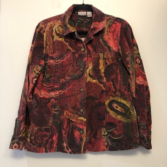 Chico’s Red Patterned Corduroy Button Down Shirt - Picture 2 of 6